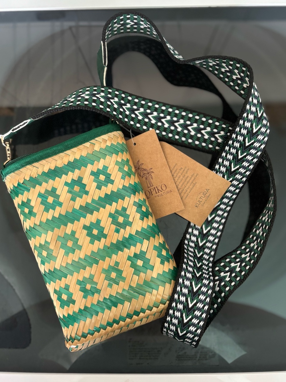 Handwoven Green & Natural Crossbody Bag Handmade Lightweight Phone Purse
